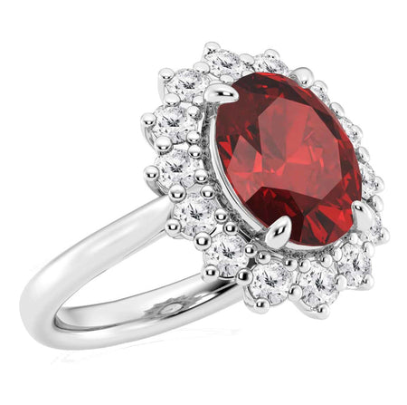 AGI Certified 3CTW Oval Lab Ruby Princess Diana Ring With Lab Diamond Halo in Choice of 14K White or Yellow Gold - 9x7mm-1