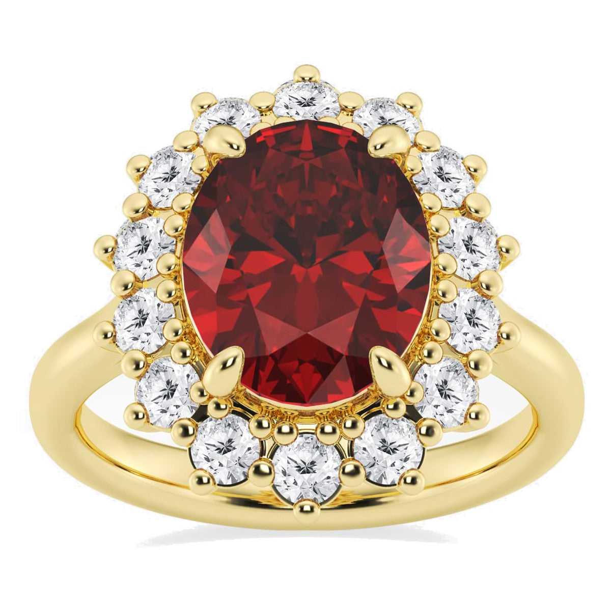 AGI Certified 3CTW Oval Lab Ruby Princess Diana Ring With Lab Diamond Halo in Choice of 14K White or Yellow Gold - 9x7mm-2