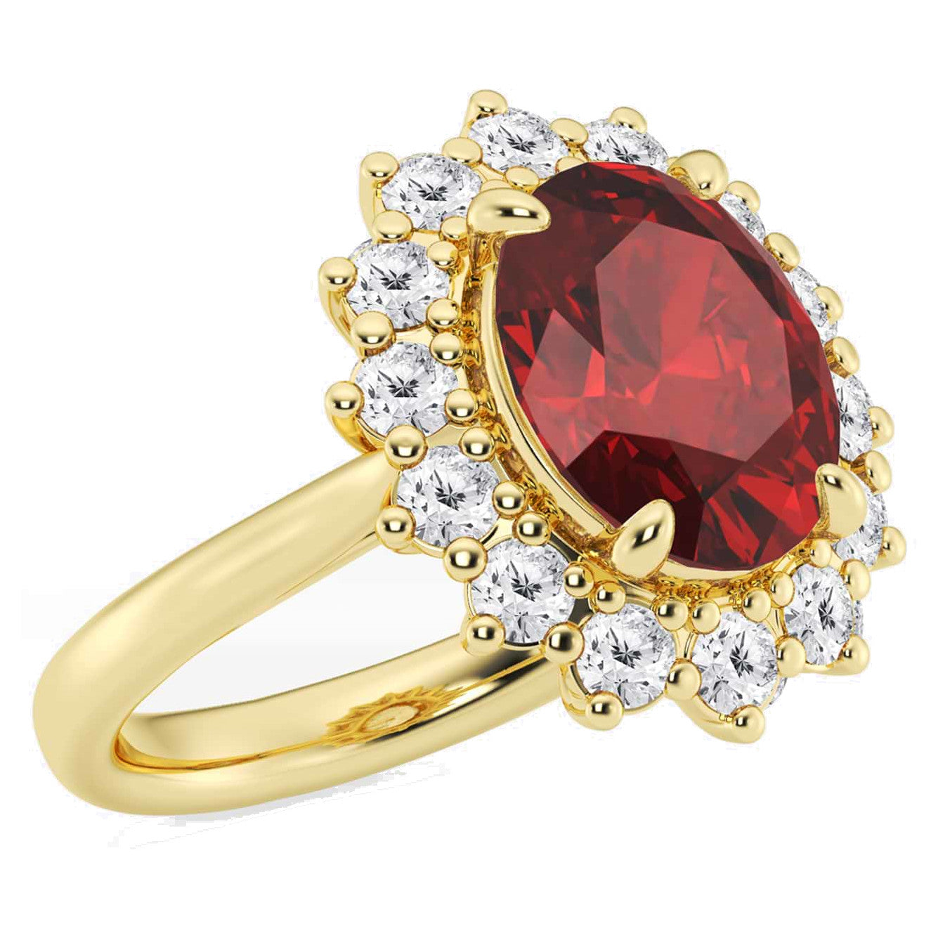 AGI Certified 3CTW Oval Lab Ruby Princess Diana Ring With Lab Diamond Halo in Choice of 14K White or Yellow Gold - 9x7mm-3