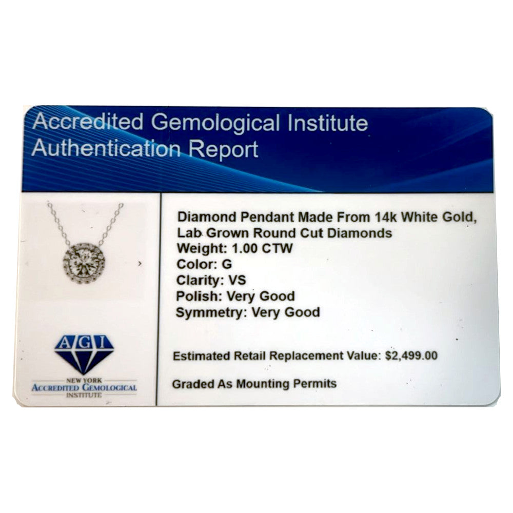 AGI Certified Lab-Grown Diamond Halo Pendant Necklace in 14kt White Gold – 1 CTW or 2 CTW-4